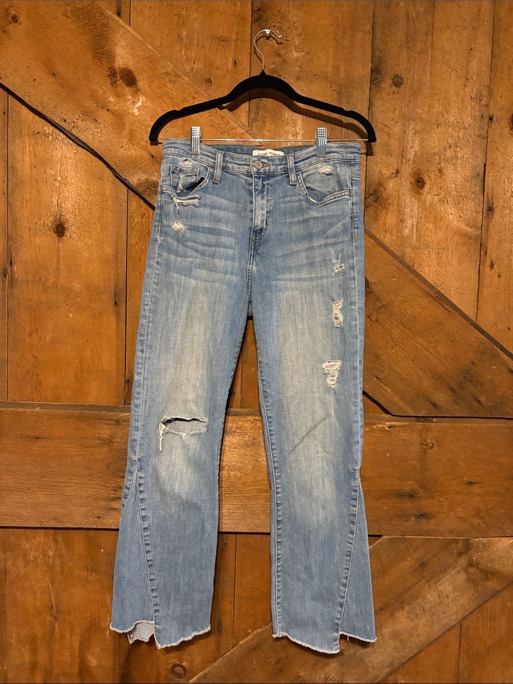 Flying Monkey Platinum Distressed Flare Jeans Light Blue Raw Hem Womens 29